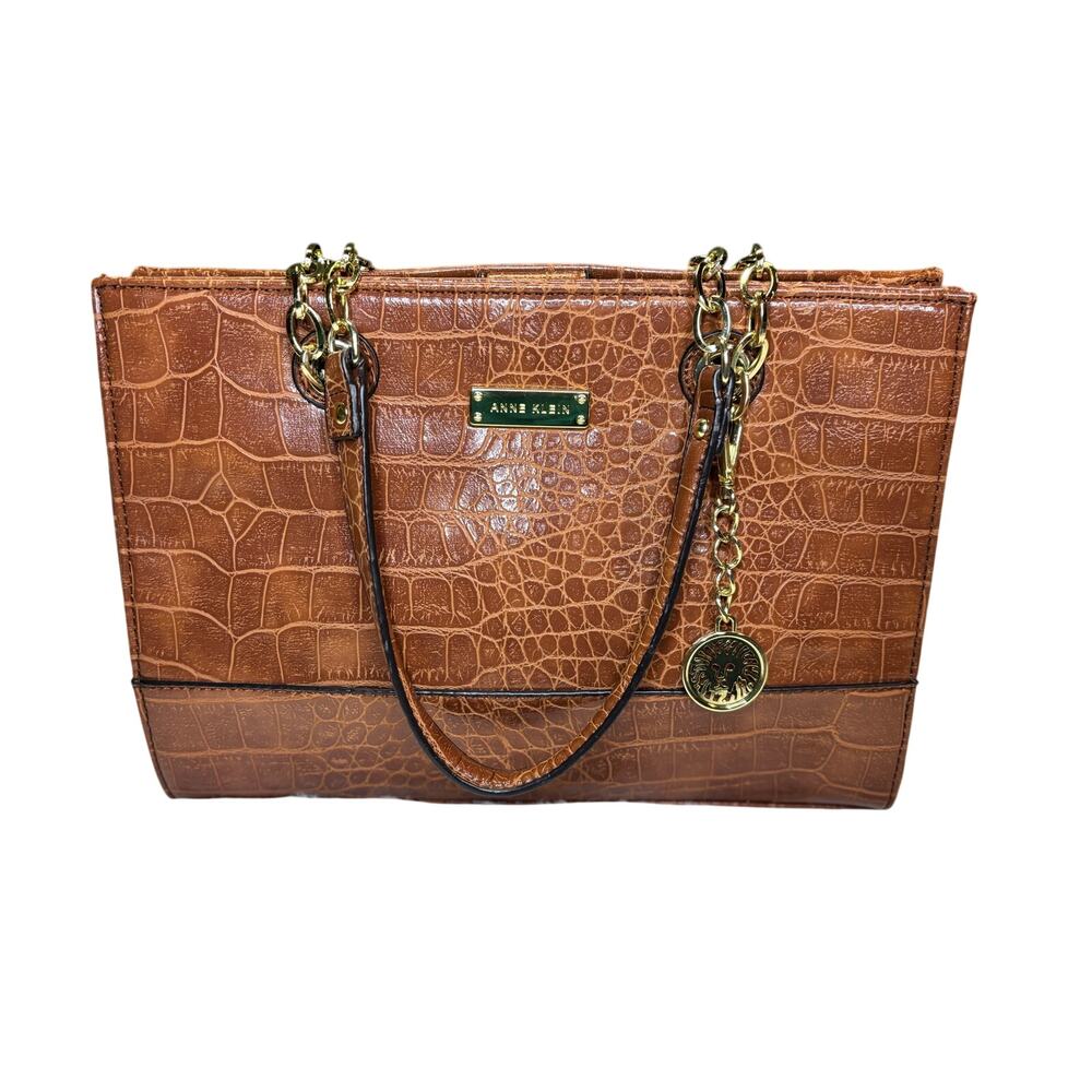 Anne Klein Brown Croc Embossed Faux Leather Tote Gold Chain Y2K Old Money Purse
